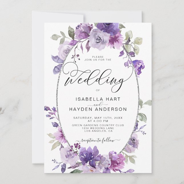 Dusty Lila Lilac MauveFloral Silver Foil Bröllop Inbjudningar (Framsida)