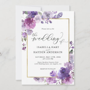 Dusty Lila Mauve Lilac Blommigt Gold Foil Bröllop Inbjudningar