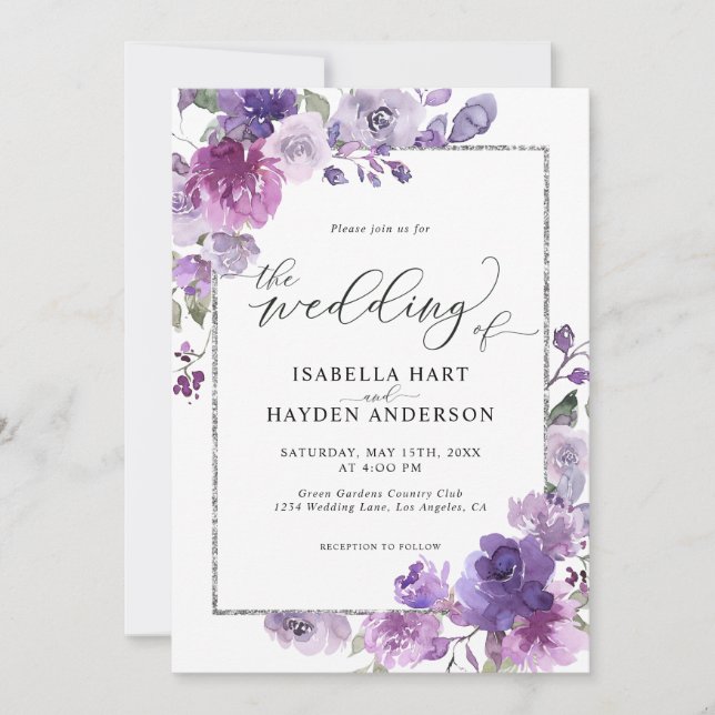 Dusty Lila Mauve Lilac Blommigt SilverFoil Bröllop Inbjudningar (Framsida)