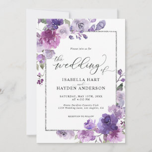 Dusty Lila Mauve Lilac Blommigt SilverFoil Bröllop Inbjudningar
