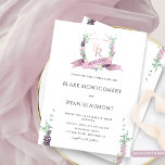 Dusty Lila, Mauve Pastel Blommigt Monogram Bröllop Inbjudningar<br><div class="desc">Höj din speciella dag med den här fantastiska bröllopsinbjudan, med en fantastisk vattenfärgsmonogramsfärgad vapensköld med delikata blommor i nykter av lila, lilak, dammig lila, , rosa och gräddande gult. Den vackert utarbetade vapenskölden visar parets initialer, symboliserar deras unika historia om kärlek och ett gigantiskt dammigt band för lila med deras...</div>