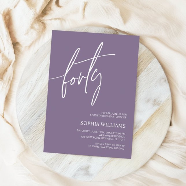 Dusty Lila Minimalist 40:e födelsedagsinbjudan Inbjudningar (Skapare uppladdad)