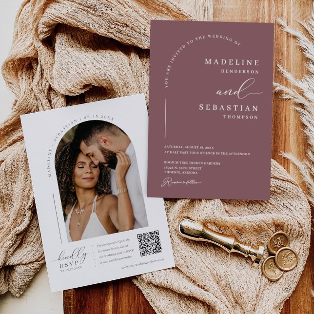 Dusty Lila Modern Minimal Arch Photo QR Code Inv Inbjudningar (Skapare uppladdad)