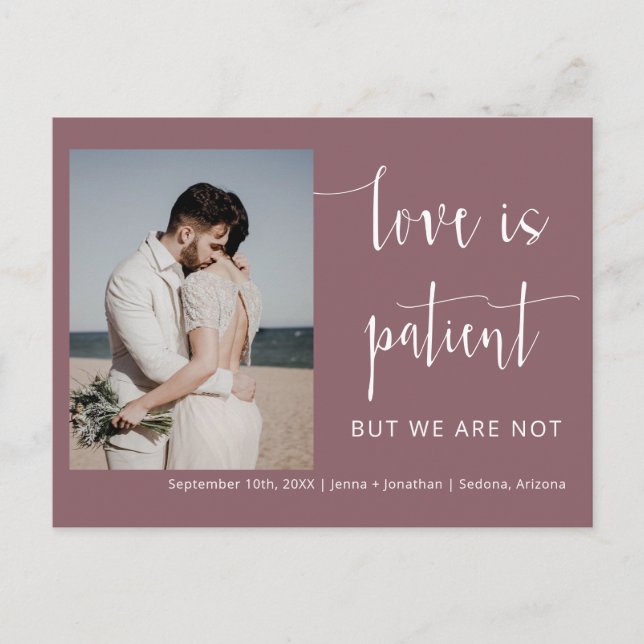 Dusty Lila Modern Minimum Script Photo Elopement Vykort (Framsida)