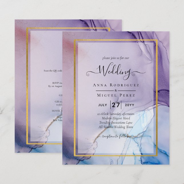 Dusty Lila Navy Blue Guld BLÄCK Wedding INVITE (Fram/baksida)