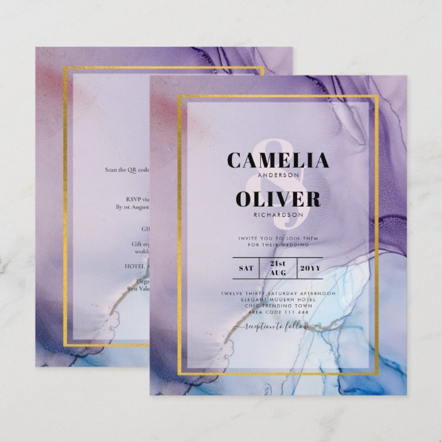 Dusty Lila Navy Blue Guld BLÄCK Wedding INVITE (Fram/baksida)