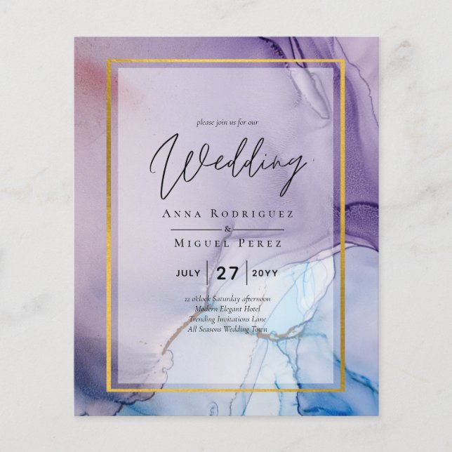 Dusty Lila Navy Blue Guld BLÄCK Wedding INVITE Flygblad (Framsidan)