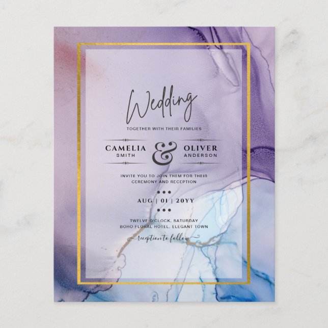 Dusty Lila Navy Blue Guld BLÄCK Wedding INVITE Flygblad (Framsidan)