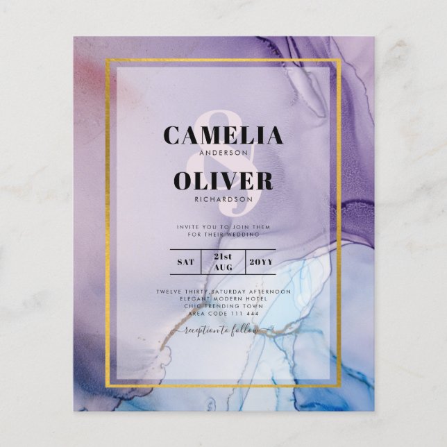 Dusty Lila Navy Blue Guld BLÄCK Wedding INVITE Flygblad (Framsidan)