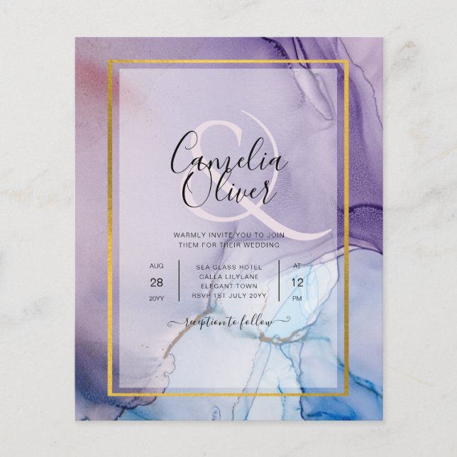 Dusty Lila Navy Blue Guld BLÄCK Wedding INVITE Flygblad (Framsidan)