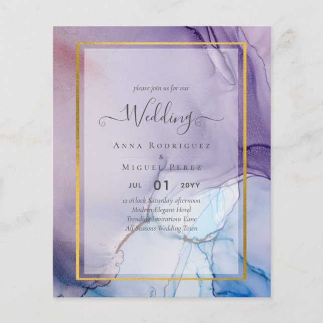 Dusty Lila Navy Blue Guld BLÄCK Wedding INVITE Flygblad (Framsidan)