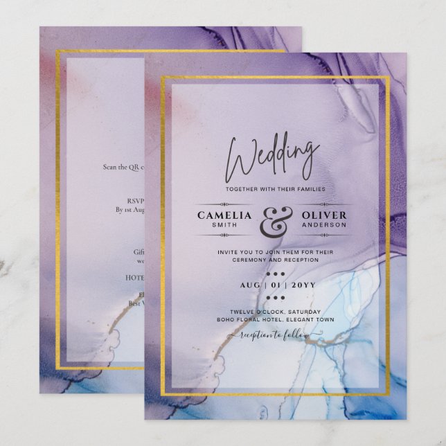 Dusty Lila Navy Blue Guld BLÄCK Wedding INVITE Inbjudningar (Fram/baksida)