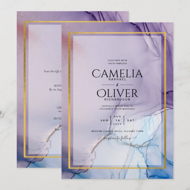 Dusty Lila Navy Blue Guld BLÄCK Wedding INVITE Inbjudningar (Fram/baksida)