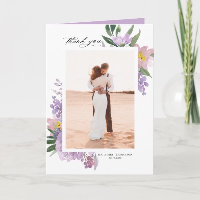Dusty Lila Peonies och Ro Photo Bröllop Tack Kort (Framsida)