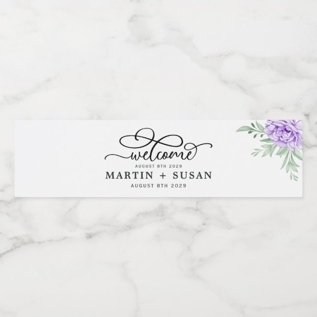 Dusty Lila Peony Ro Greenery Löv Bröllop Vattenflaskor Etikett (Singel etikett)