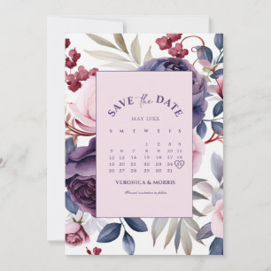 Dusty lila ro blommigt Kalender bröllop Spara Datumet