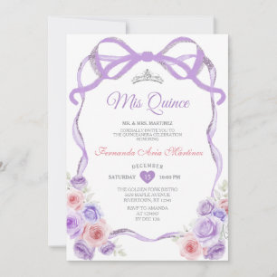 Dusty Lila Rosa Blommigt Bow Silver Mis Quince Inbjudningar