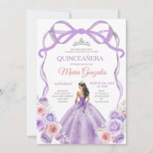 Dusty Lila Rosa Bow Princess Silver Quinceañera Inbjudningar