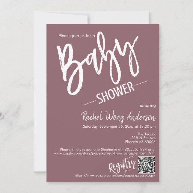 Dusty Lila Script Baby Shower QR-kodfoto Inbjudningar (Framsida)
