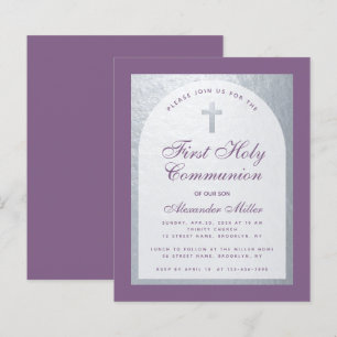 Dusty Lila Silver Boy First Communion-inbjudan