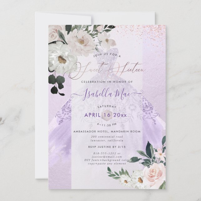 Dusty Lila Sweet sixteen Watercolor Flowers Inbjudningar (Baksida)