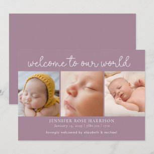Dusty Lila Välkommen Photo Collage Birth Meddelande
