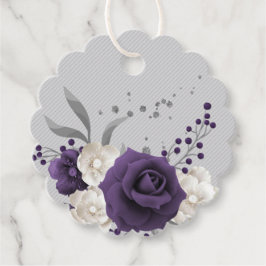 Dusty lila vita blommor silver löv gåvor etiketter