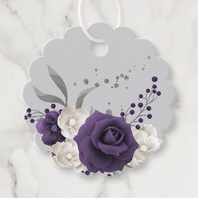 Dusty lila vita blommor silver löv gåvor etiketter (Framsida)