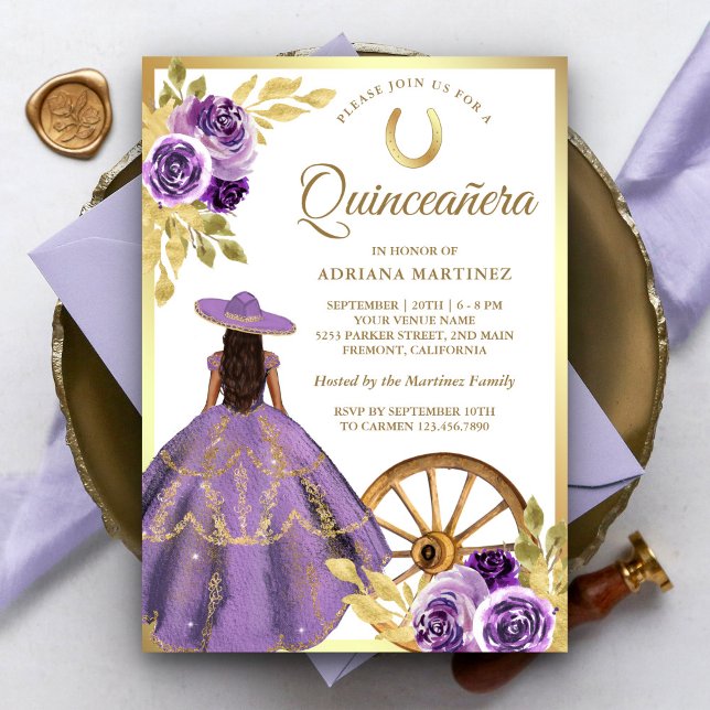 Dusty Lilac Blommigt Dress Charro Guld Quinceanera Inbjudningar (Skapare uppladdad)