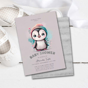 Dusty Lilac Cute Penguin Winter Girl Baby Shower Inbjudningar
