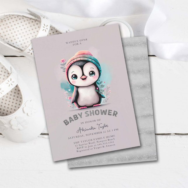Dusty Lilac Cute Penguin Winter Girl Baby Shower Inbjudningar (penguin baby shower invitation girl cute sweet adorable character watercolor winter cold outside)