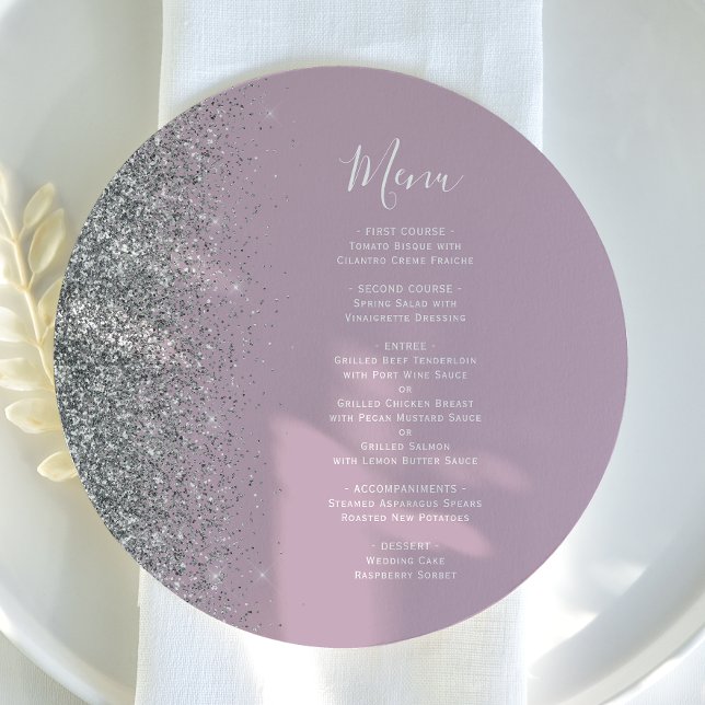 Dusty Lilac Silver Glitter Round Bröllop Menu Meny (Skapare uppladdad)