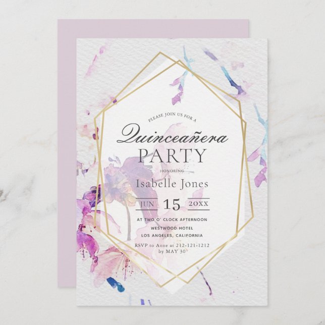 Dusty Lilac Watercolor Blommigt Quinceañera Inbjudningar (Fram/baksida)