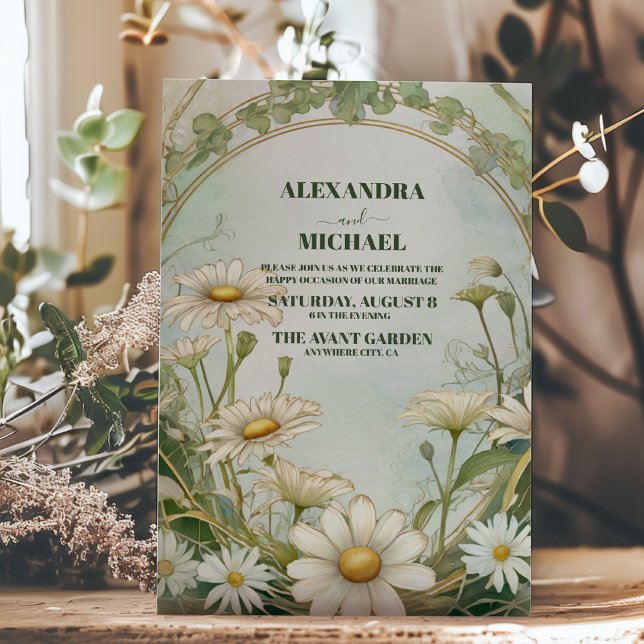 Dusty Marguerite Daisy Bröllop Art nouveau Inbjudningar (Skapare uppladdad)