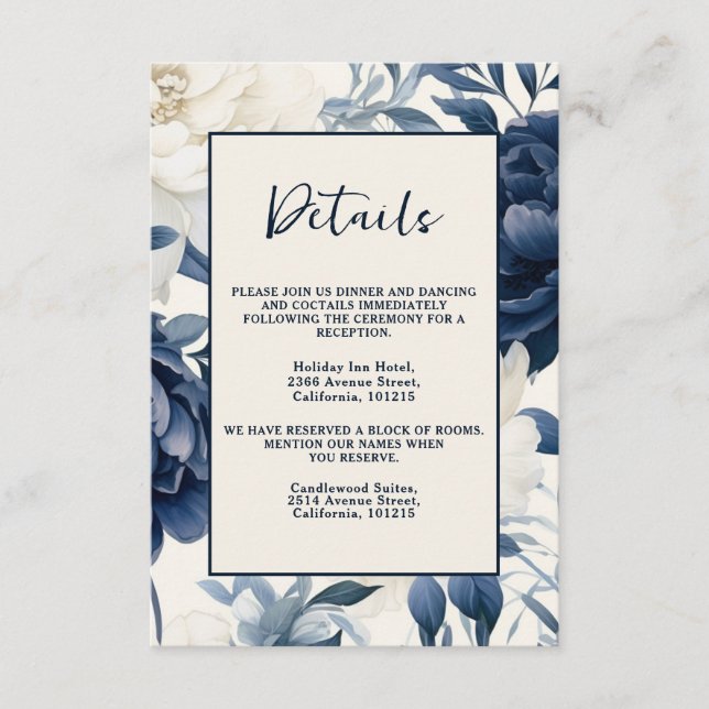 Dusty marinblå och vit blomster vattenfärg  tilläggskort (Framsida)