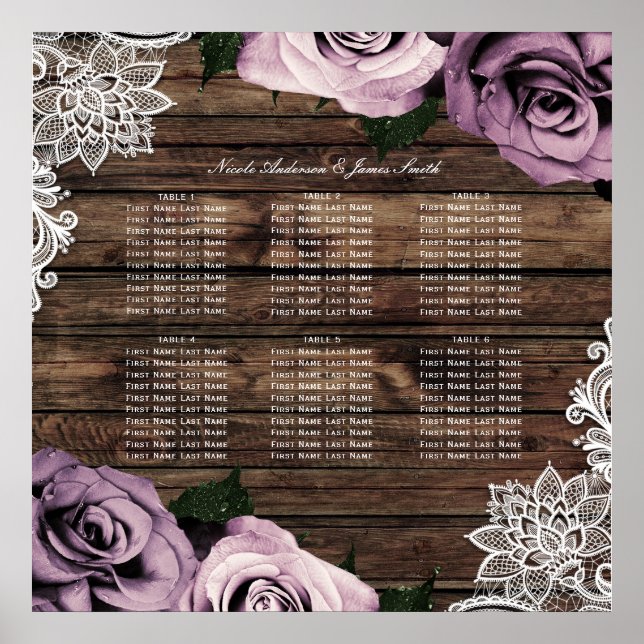 Dusty Mauve Blommigt Ro Rustic Wood Seating Chart Poster (Framsidan)