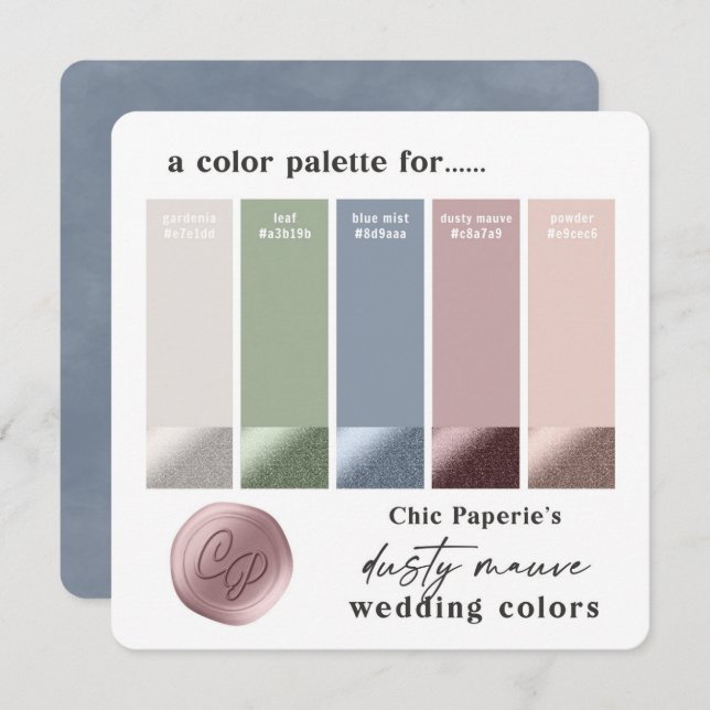 Dusty Mauve & Blue 2022 Bröllop Palette Card Inbjudningar (Fram/baksida)