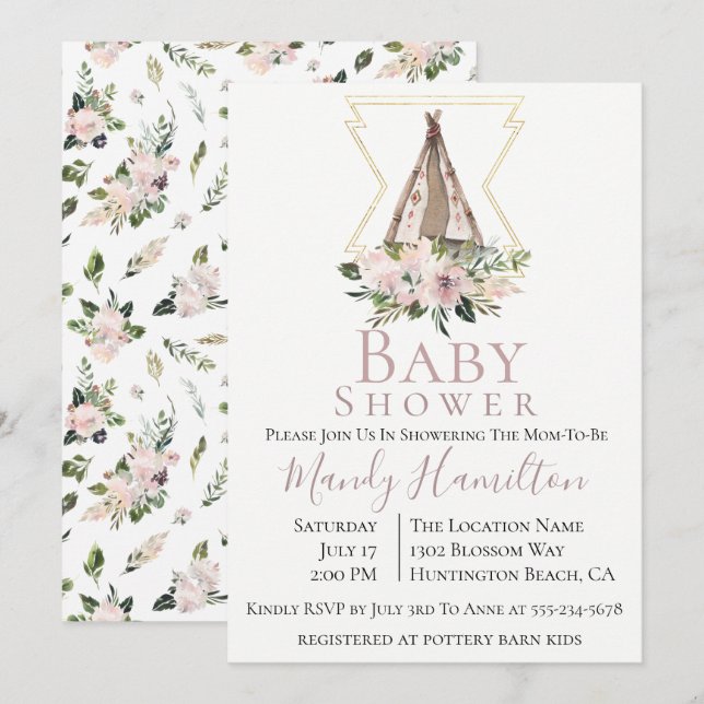 Dusty Mauve Botanical Boho Baby Shower-inbjudan Inbjudningar (Fram/baksida)