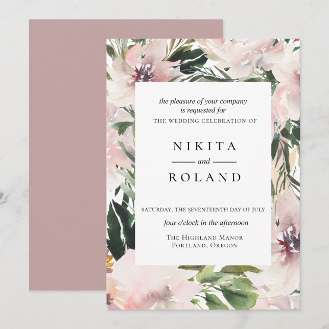 Dusty Mauve Botanical Wedding bjudande Inbjudningar (Fram/baksida)
