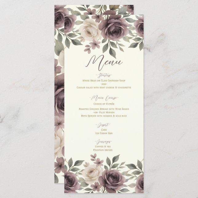 Dusty Mauve & Ivory Bloom Botanical Bröllop Menu Meny (Fram/baksida)