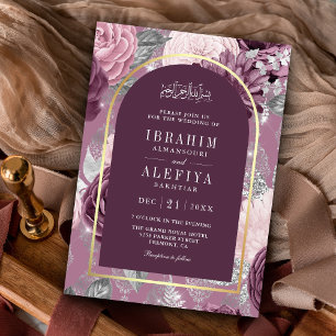Dusty Mauve Lila Blommigt Arch Muslim Bröllop Inbjudningar
