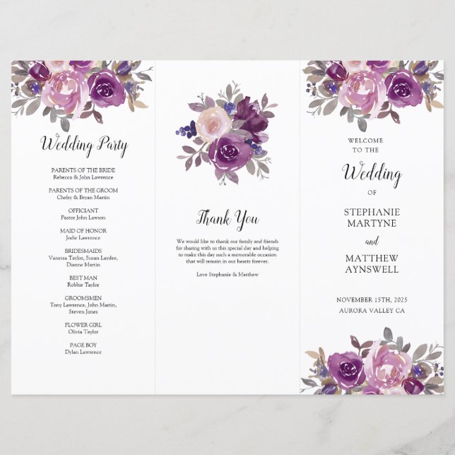 Dusty Mauve Lila  Blommigt Order of Service (Framsida)