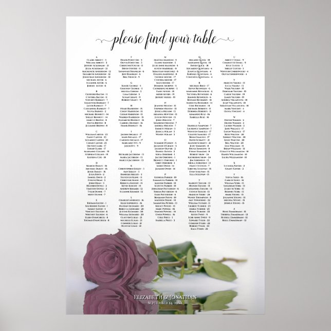 Dusty Mauve Rosa ros Alphabetical Seating Chart Poster (Framsidan)