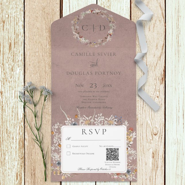 Dusty Mauve Vintage Romantic Wildblomma QR-kod (Skapare uppladdad)