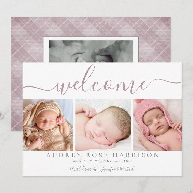 Dusty Mauve Welcome Baby Photo Collage Birth Meddelande (Fram/baksida)