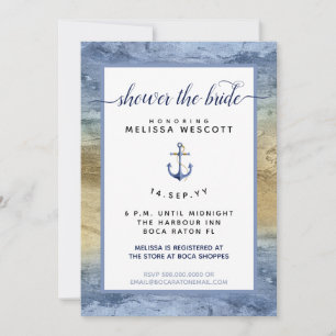 Dusty Nautical Blue Guld Watercolor Möhippa Inbjudningar