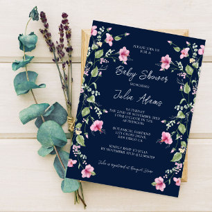 Dusty Navy Blå Rosa Hibiskus Blommar Baby Shower Inbjudningar