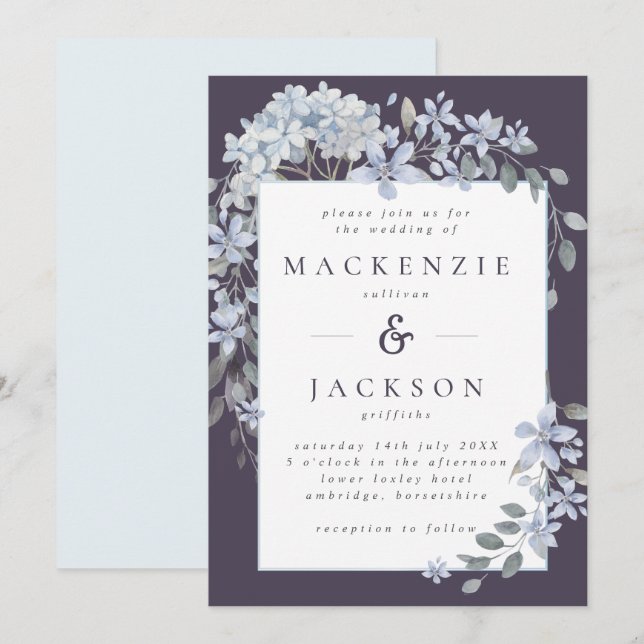 Dusty & Navy Blue Blommigt Ram Watercolor Bröllop Inbjudningar (Fram/baksida)