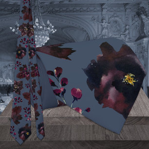 Dusty Navy Blue Burgundy Bordeaux Blommigt Bröllop Slips