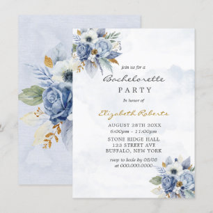 Dusty Navy Blue Guld Peony Chic Bachelorette Party Inbjudningar